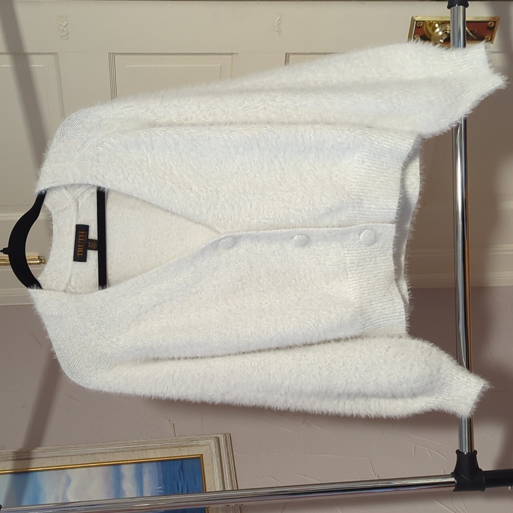 Ladies White Fuzzy Sweater cardigan